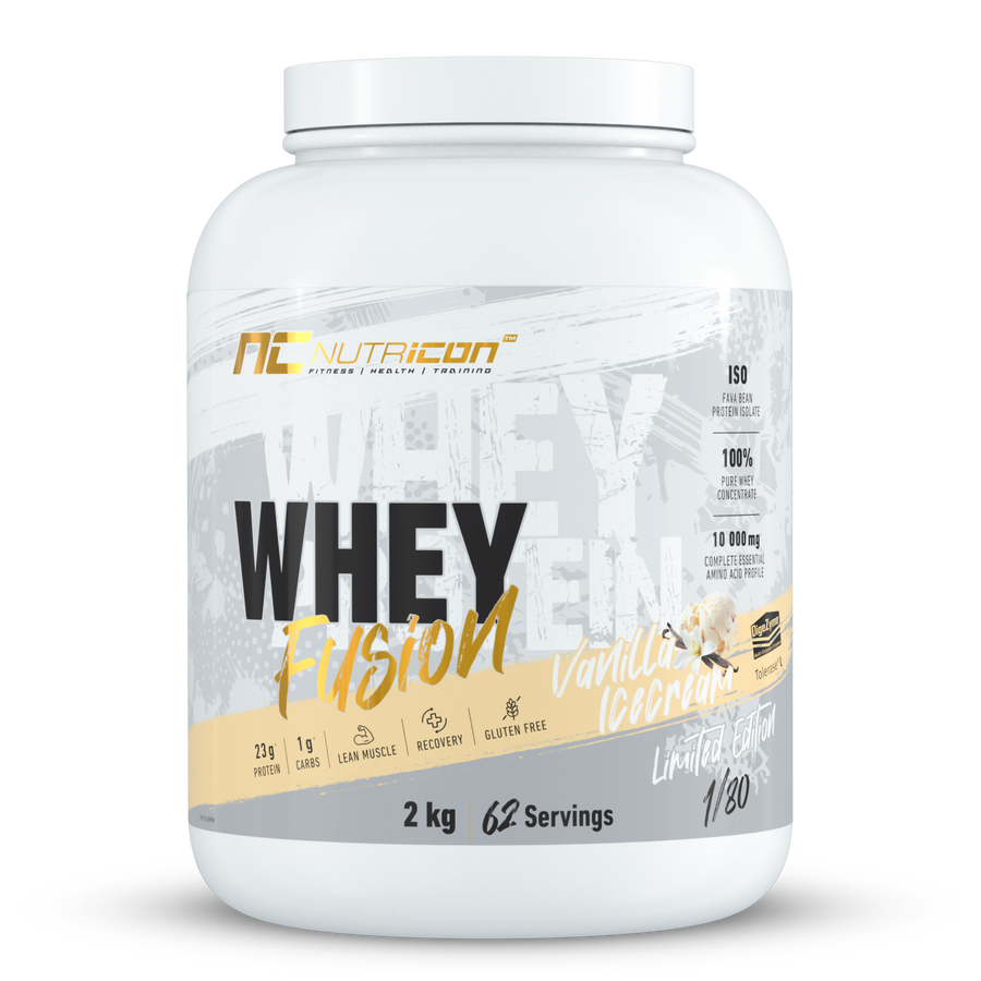 NutriCon Whey Fusion vanilla protein powder 62 servings – front of tub